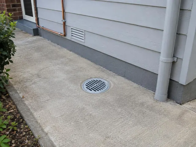 Dry outdoor drain grate beside concrete paving and house wall in Ryde